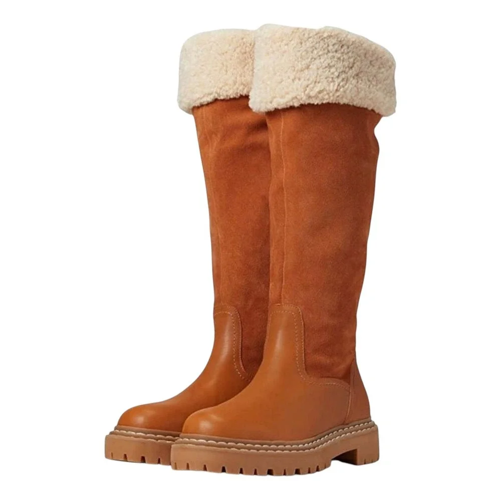 plendid Antonia Cognac‎ Brown Tall Knee High Boots Faux Fur Cuff Lug Sole